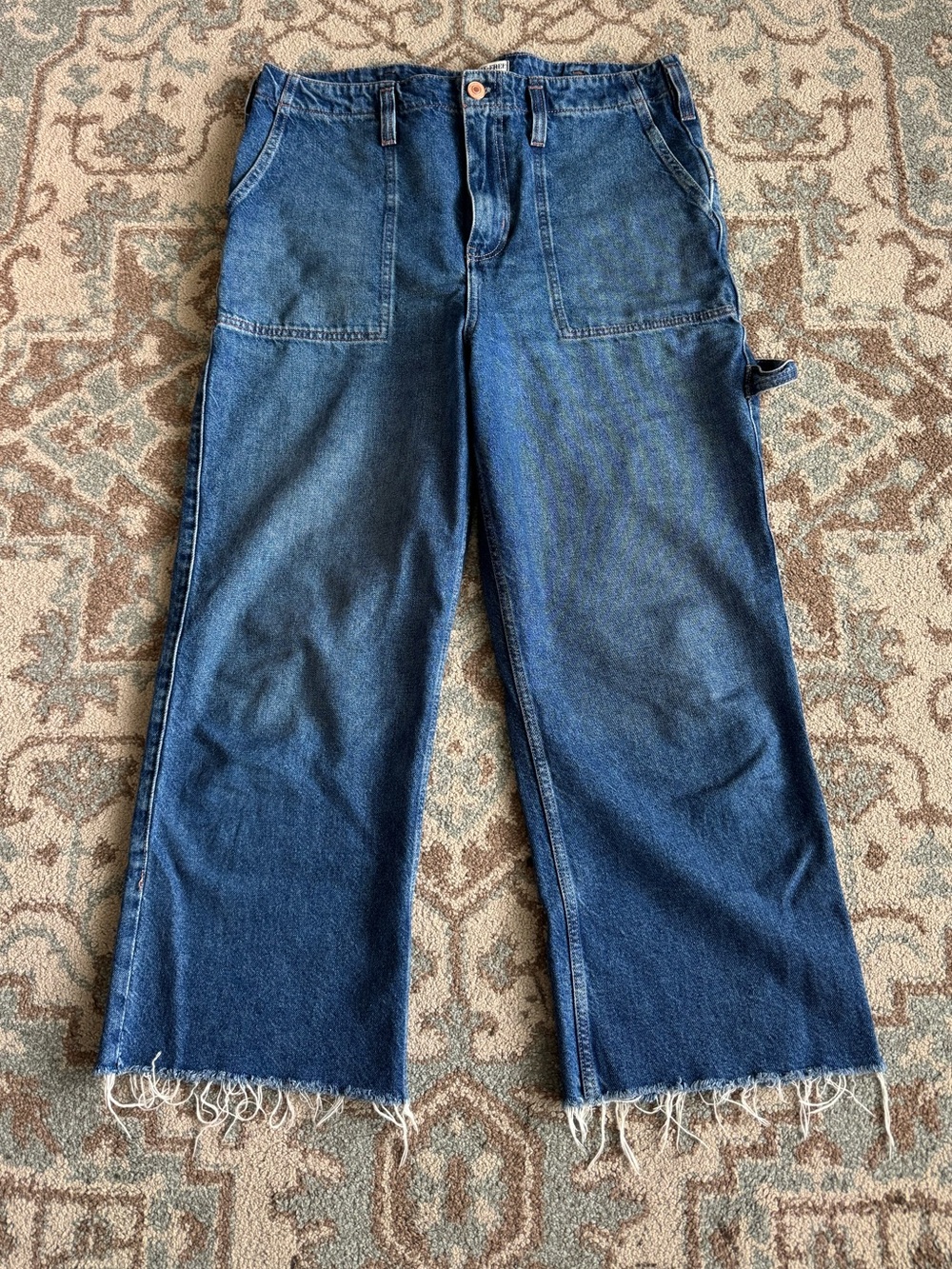 Free People We The Free Major Leagues Wide Leg Blue Denim Jeans 32 Cinched Waist - Picture 2 of 7